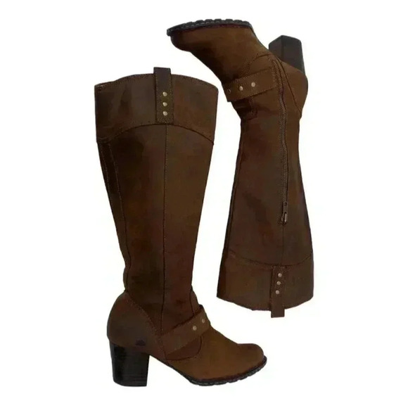 Born Size 6 Leather Tall Knee High Boots Block Heels Harness Studded Side Zip - Picture 1 of 10